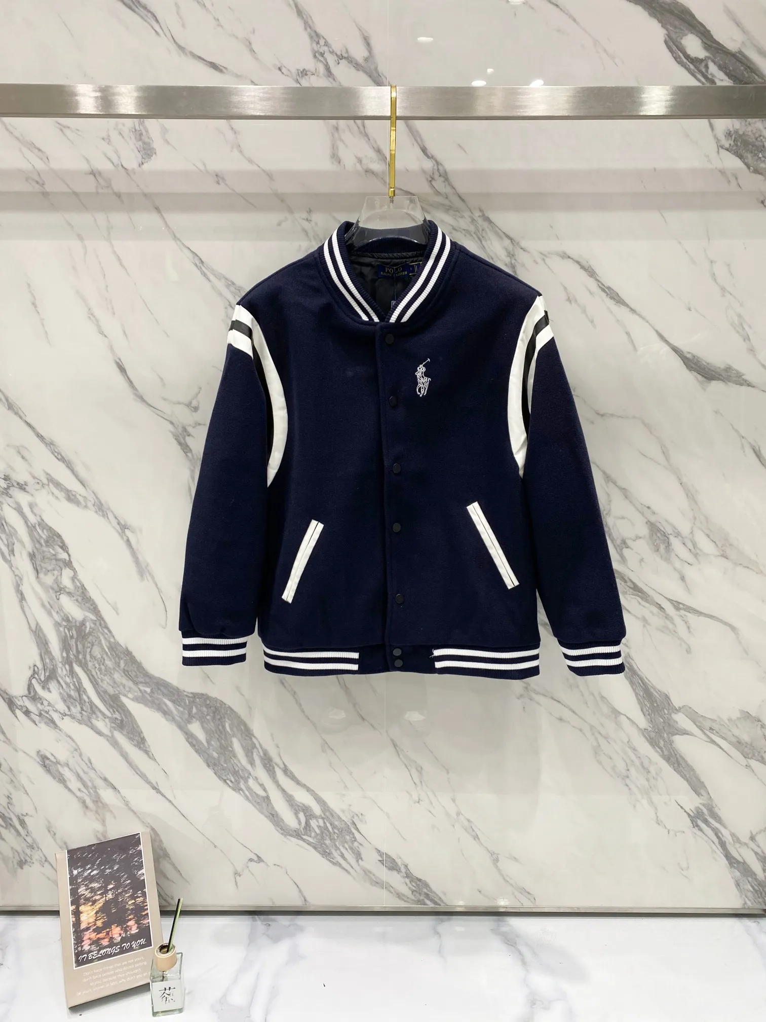 P310 Ralph Lauren Pony Embroidered American Retro Wool Spliced ​​Leather Baseball Jacket with Big Logo on the Back Color: Navy Size: m-XL